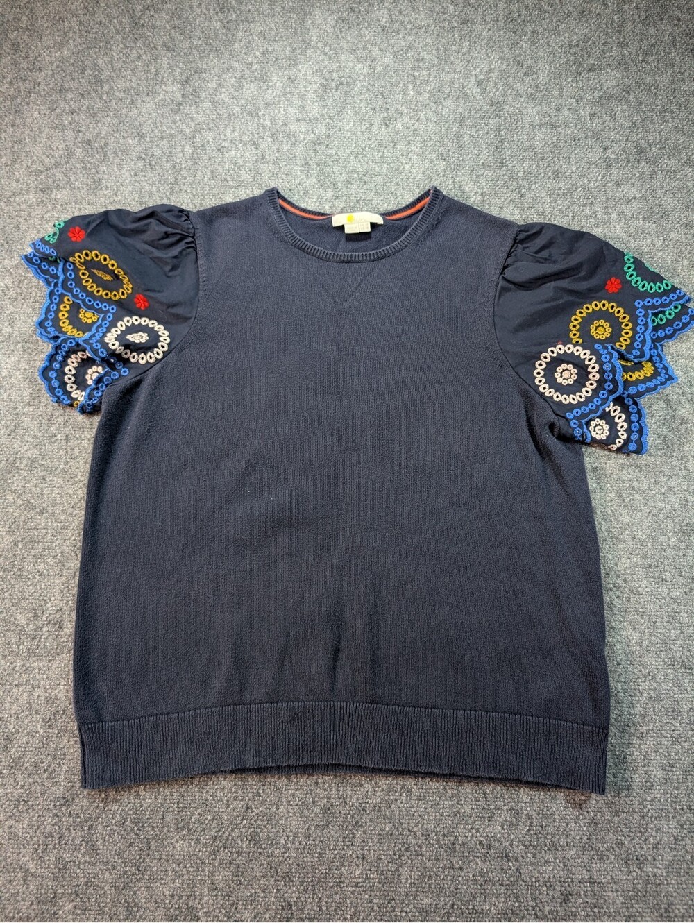 Boden Womens Size 14 Navy Knitted Sleeve Detail T Shirt Boho Cottagecore Folk